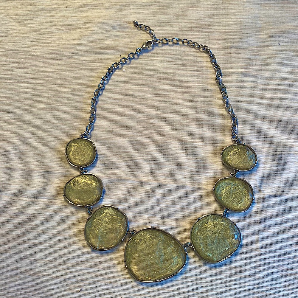 Boutique gorgeous silver chain necklace with light green jewel toned ovals.